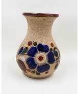 Mexican Tonala Folk Art Pottery Sandstone Vase Hand-Painted Blue Flower ... - $18.99