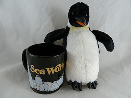 Sea World Souvenir Collectible Mug Orca &amp; Penguin Black + Gold plus peguin plush - £12.62 GBP