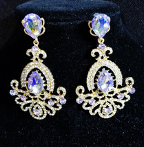 Rhinestone Statement Earrings, Chandelier Drop Earrings, Lavender Pageant Earrin - £35.79 GBP