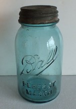 Vintage BALL Perfect Mason Jar Blue 1910-23 Zinc/Porcelain Lid #6 - 7" High - $9.49