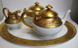 Limoges Haviland c1915 Gold Arts Crafts Teapot Sugar Bowl Creamer Tray - £493.60 GBP