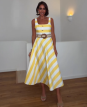Zara White Yellow Cotton Blend Belted Striped Midi Dress Women BNWT 3293... - $94.91
