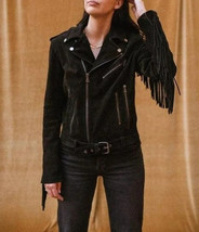 Lambskin Jacket Genuine Women Black Motorcycle Fringed Suede Leather Handmade - £99.82 GBP+