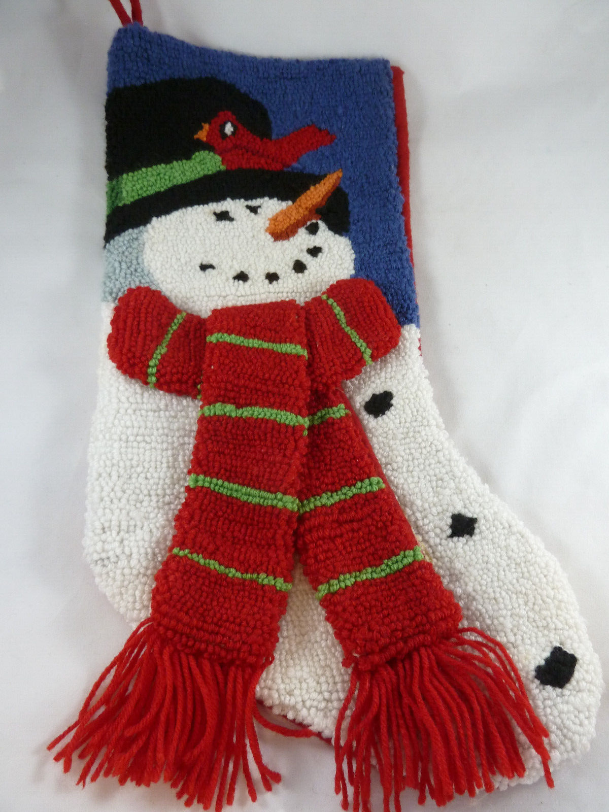 Primary image for Christmas Stocking Hooked RugS nowman W/Bird & Scarf Design 18" long