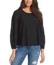 $70 Ella Moss Black Lace-Accent Poppy Bishop-Sleeve Scoop Neck Top Size XL - £13.40 GBP