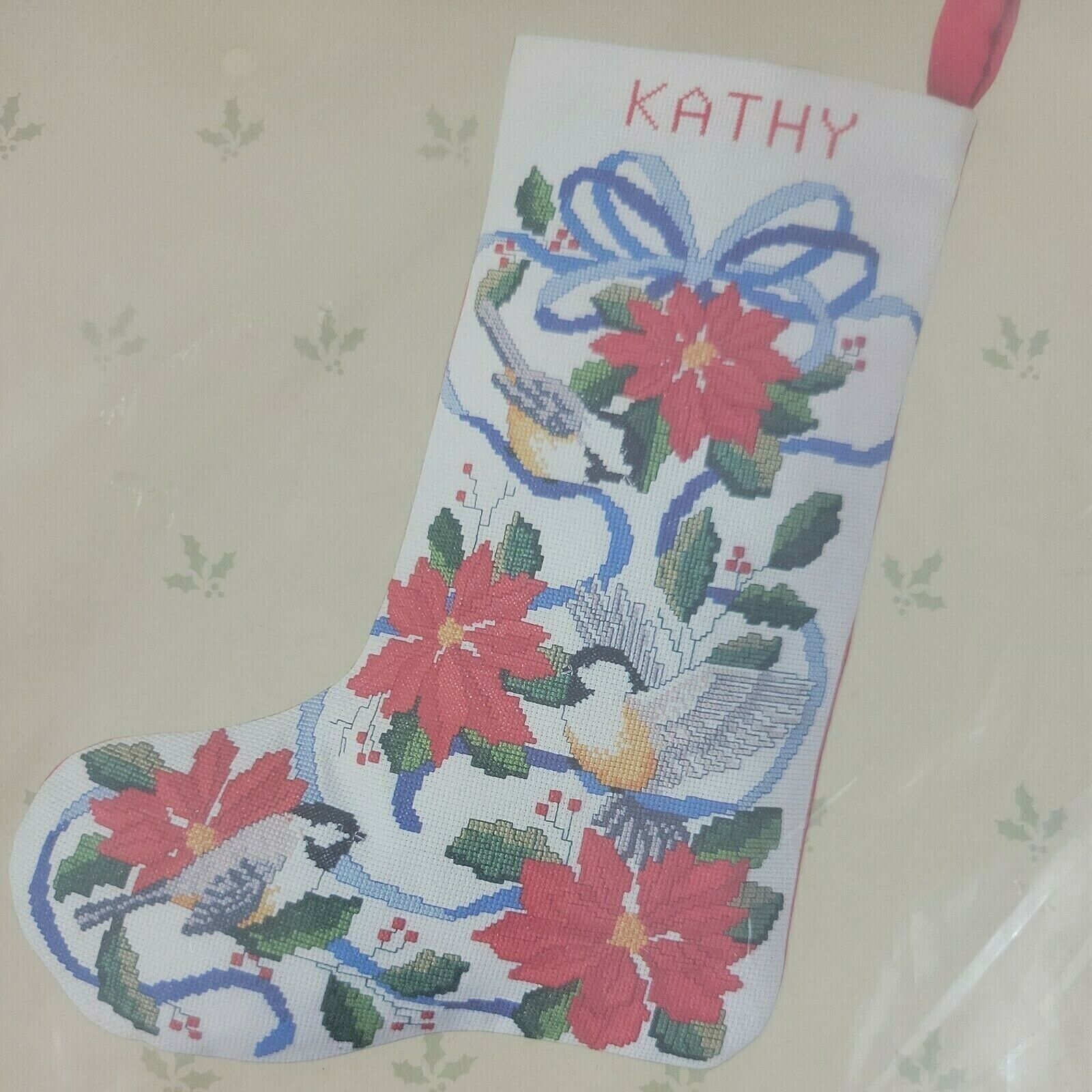 Poinsettia XMAS Stocking Embroidery Kit Bird Chickadee Holly Floral 17" Vtg NEW - $21.95