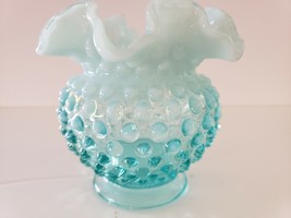 Fenton Blue Opalescent Hobnail 6 1/2 &quot; Ruffled Round Vase Excellent - $17.67