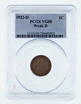 1922-D 1C Wheat Penny Weak D Graded by PCGS as VG-08! Gorgeous - £165.54 GBP