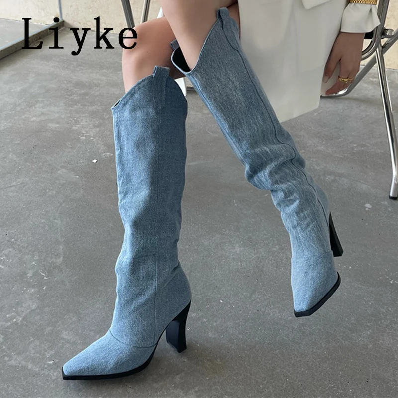 Liyke New Design Blue Denim Women Western boy Boots Fashion Pointed Toe Slip-On  - £107.73 GBP