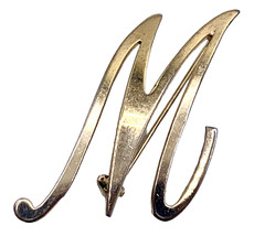 Vintage Gold Tone Letter Initial &quot;M&quot; Or &quot;W&quot; Script Monogram Brooch Pin - £9.27 GBP