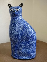 Vintage Enesco Ceramic Cat Statue Spongeware Cat Figurine 12&quot; Cobalt Blue Speckl - £19.92 GBP