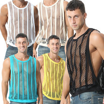 Mens Mesh Fishnet Vest See Through Muscle Tank Top Sleeveless String Und... - £11.80 GBP