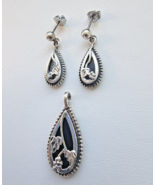 VINTAGE 925 STERLING SILVER  PEAR SHAPE BLACK ONYX GRAPE PENDANT EARRING... - €59,04 EUR