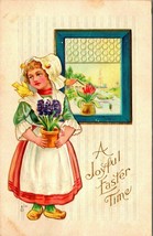 Joyful Easter Time Dutch Girl Flowers Window 1915 DB Postcard E3 - £7.77 GBP