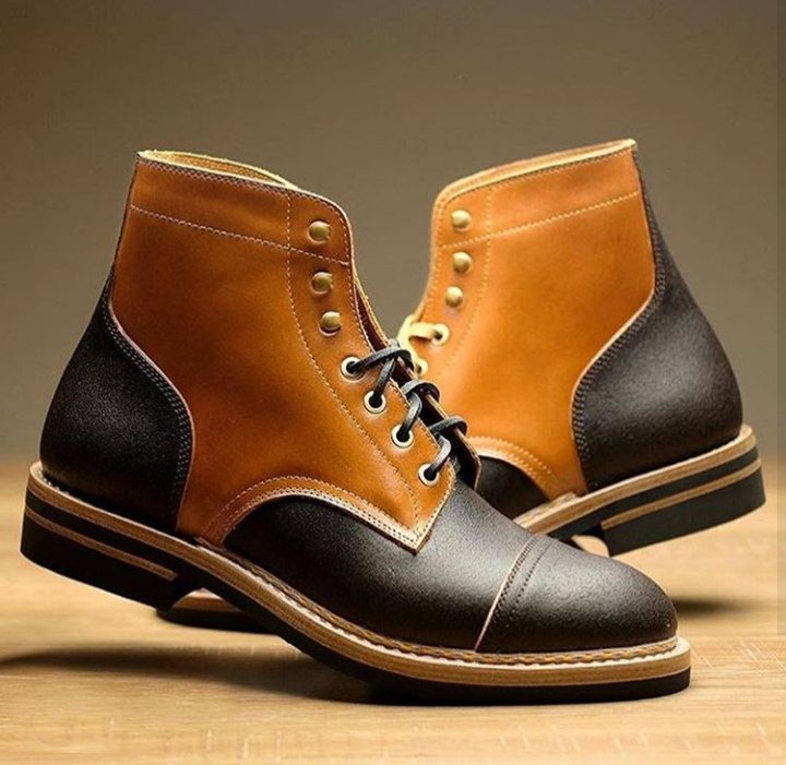 New Men's Ankle High Boot, Men's Tan Brown Black Leather Cap Toe Lace Up Boot.