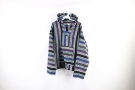 Vintage 90s Streetwear Mens Large Rainbow Striped Knit Drug Rug Hoodie Sweater - £39.52 GBP