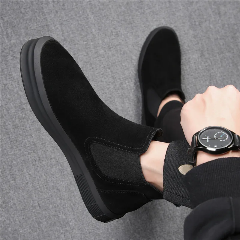 men casual   leather boots black trend flats shoes boy platform chelsea boot han - £98.31 GBP