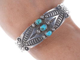 c1930&#39;s Heavy Stamped Navajo silver and turquoise cuff bracelet - $888.77