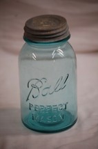 Old Vintage 1 Qt. Blue Ball Perfect Mason Glass Canning Jar w Zinc Lid Marked 7 - $21.77