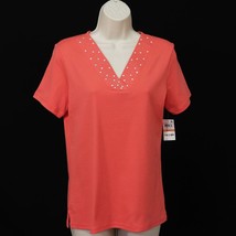 Karen Scott Women&#39;s Studded V-Neck Shirt S Small Peony Coral Short Sleeve NEW - £10.17 GBP
