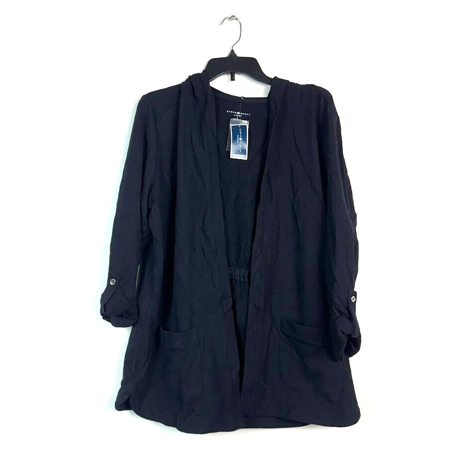 Primary image for Karen Scott Womens L Deep Black Hooded Open Front Jacket NWT BO27