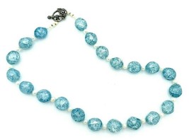 Vintage Blue Crackle Glass Cultured Pearl Bead Necklace 19&quot; - £22.07 GBP