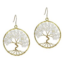 Eternal Tree of Life White Pearl Branch Brass Dangle Earrings - £9.24 GBP