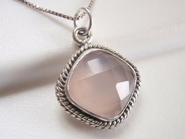 Faceted Rose Quartz Square with Soft Corners 925 Sterling Silver Necklace - £18.08 GBP