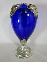 Large Cobalt Blue Art Glass Vase Silver Plated Grapes Vintage 11 inch - £38.65 GBP
