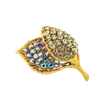 Vintage Double Leaf Brooch Pin Yellow and Blue Carnival Rhinestone Yellow Enamel - £14.99 GBP