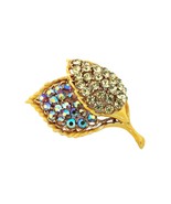Vintage Double Leaf Brooch Pin Yellow and Blue Carnival Rhinestone Yello... - £14.91 GBP
