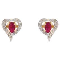 Handmade Designer Ruby Diamond Heart Stud Earrings in 14K Solid Yellow Gold - £770.89 GBP