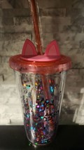 Blue Red Glitter Acrylic Tumbler with Cat Ears Screw On Lid 16 oz Plus Red Straw - £7.75 GBP