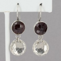 Retired Silpada Sterling Faceted Garnet &amp; Hammered Disc Dangle Earrings W1751 - £31.59 GBP