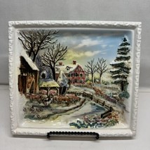 Vtg Winter Farm Scene Hand Painted Ceramic Tray Country Decor Wall Hanging Japan - £19.05 GBP