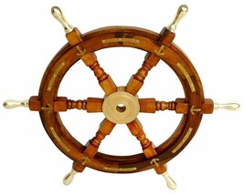 Nautical Brass Anchor 24&quot; Antique Wooden Ship&#39;s Wheel Boat Steering Wall Décor - £85.70 GBP