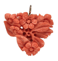 14k Gold Carved Floral Flowers Genuine Natural Orange Coral Pendant (#J7... - $4,087.32 MXN
