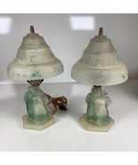 Vtg LE Smith Frosted Glass Dutch Farmer Couple Boudoir Lamp Green Beige ... - $113.82 CAD