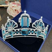  Big Squre Paved Cubic Zircon Crown CZ Tiaras Vintage Blue Crystal Bridal Diadem - £114.68 GBP