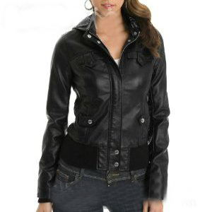 Black Bomber Biker Leather Jacket With Stretchable Waist Front Buttons Zip