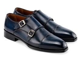 Paul Parkman Mens Shoes Navy Blue Leather Double Monkstrap Handmade 9468... - $529.99