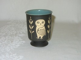 Handcrafted Clay Art Pottery Pedestal Cup w Owl Vtg Artist Signed - £19.60 GBP