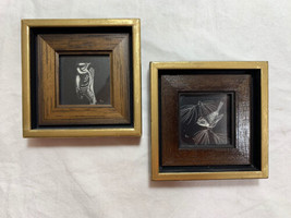 Vintage 2 ACEO Art Framed Prints Square 3.5&quot; x 3.5&quot;  Wood Antique Gold Birds - £34.36 GBP