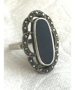 Vintage Sterling Silver Onyx Marcasite Art Deco Ring Size 7.75 7.8g - £67.42 GBP