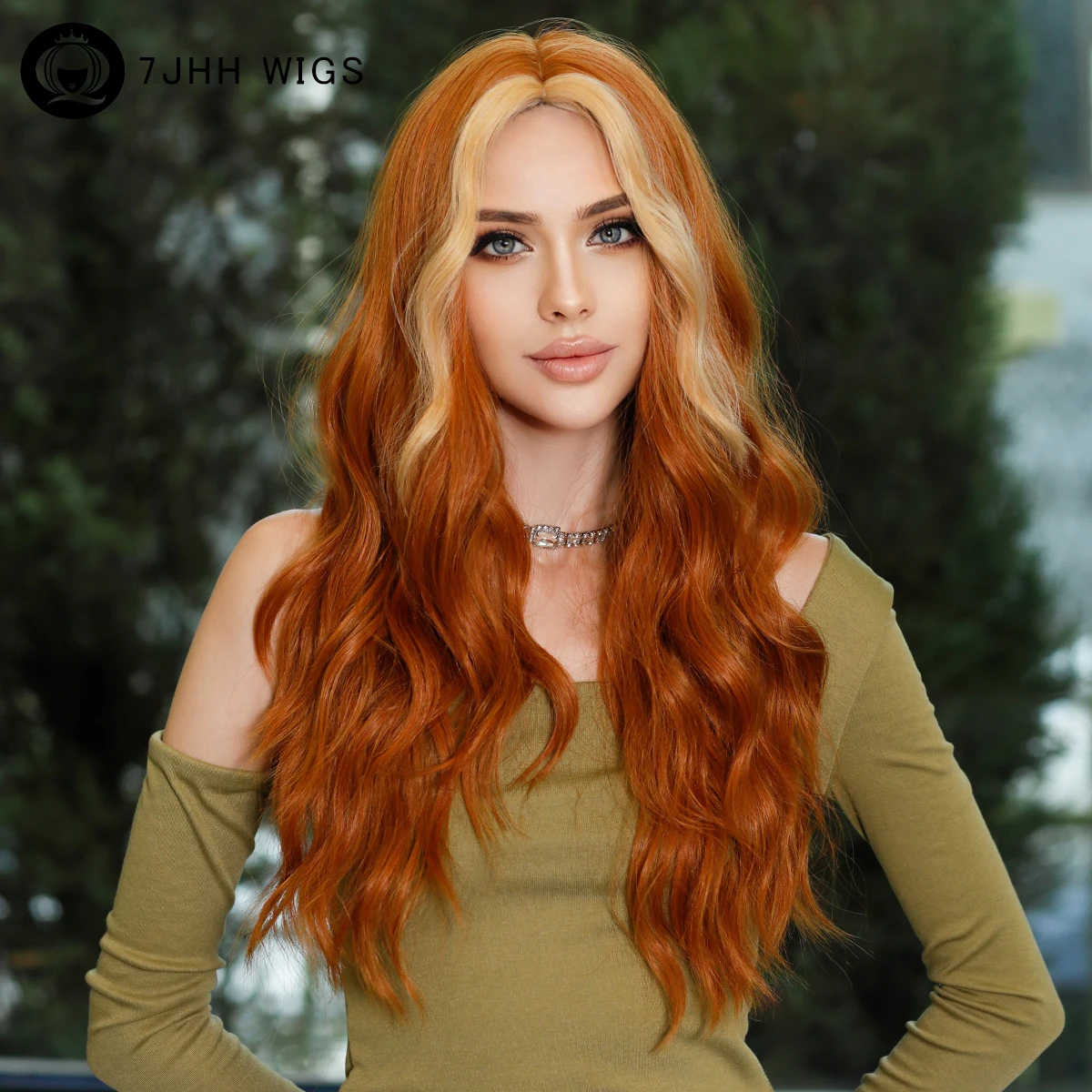 7JHH WIGS Bright Orange Long Wavy Women Wig Natural Synthetic Wigs with Ban - £21.27 GBP+