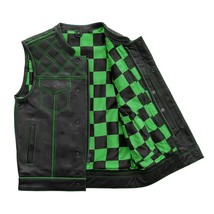 Men&#39;s Leather Black Vest With Green &amp; Black Checker Inner Concealed Wais... - £54.93 GBP+