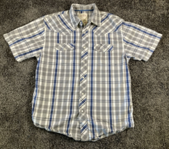 Route 66 Plaid Shirt Men Medium Grey Blue Western Pearl Snap Cotton Shor... - £8.80 GBP