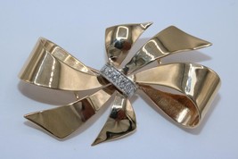 Vintage 14K Yellow Gold Ribbon Bow Design Brooch Pin W/ Diamonds Circa 1940&#39;s - £496.18 GBP