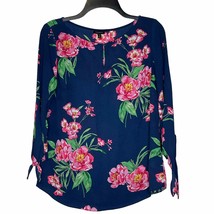 Talbots Floral Print Blouse Tie 3/4 Sleeve Keyhole Crewneck Pullover Women Small - £14.04 GBP