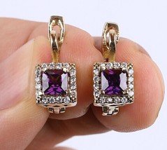 2.5 Ct Princess Cut Amethyst Round Moissanite Hoop Earrings 14K Yellow Gold Over - £96.40 GBP